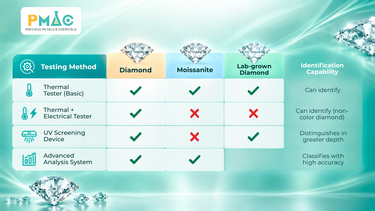 Hình 2: So sánh các phương pháp kiểm tra kim cương và moissanite