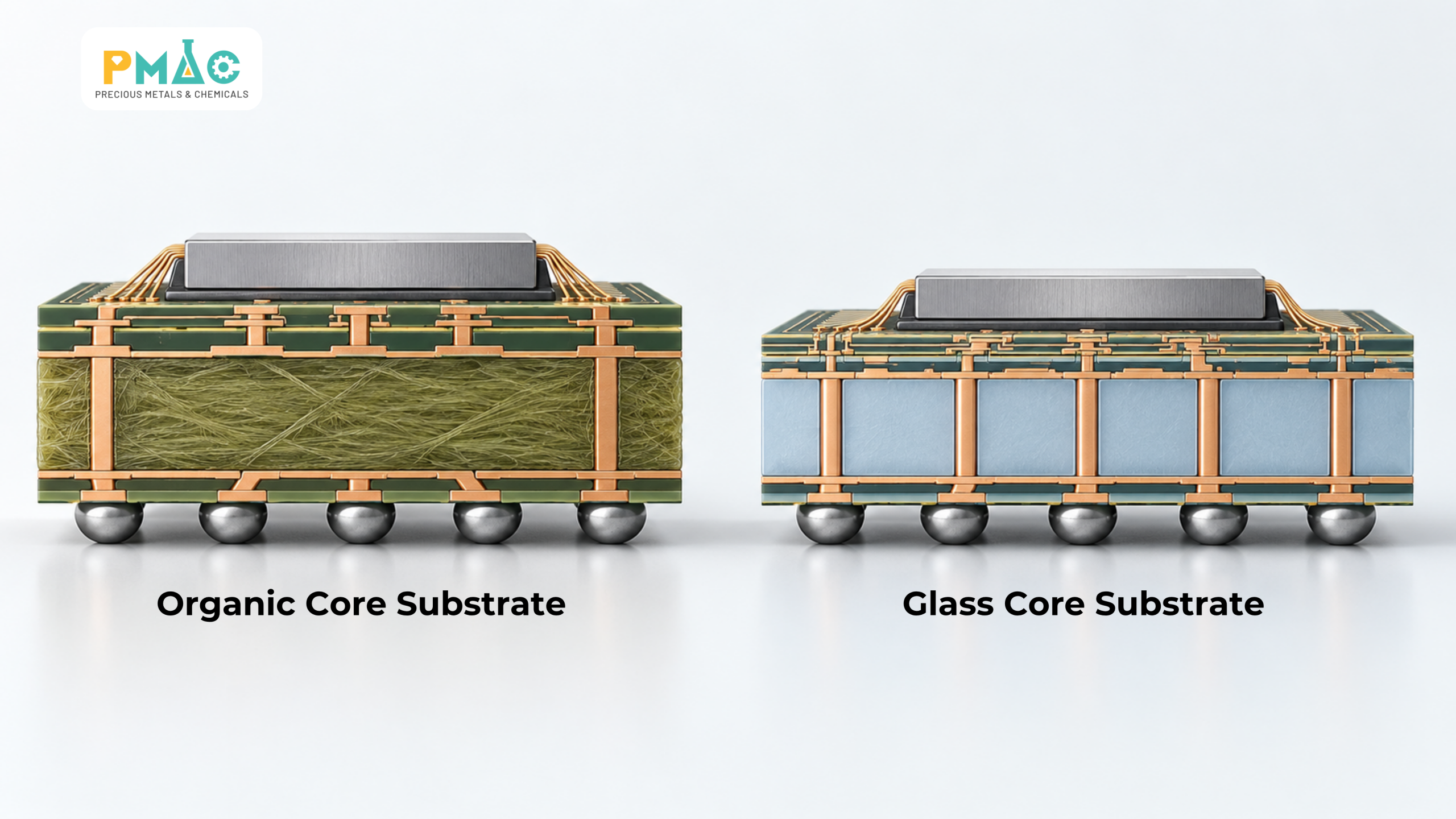 Hình 1. So sánh cấu trúc đế đóng gói lõi hữu cơ và Glass Core Substrate