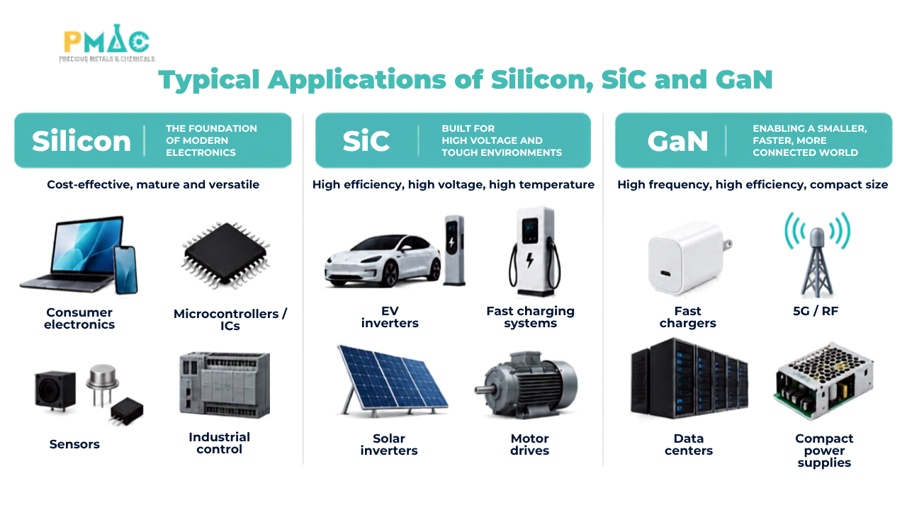 Silicon, SiC và GaN phù hợp với những nhóm ứng dụng khác nhau trong công nghệ bán dẫn
